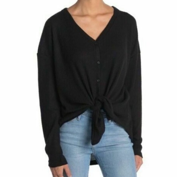 Gibson Tops - Gibson Black Waffle Knit Button Tie Front Long Sleeve Top Oversized Women Small